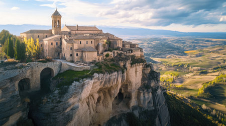 Historic monastery perched on a cliff, overlooking a vast landscape below.の素材
