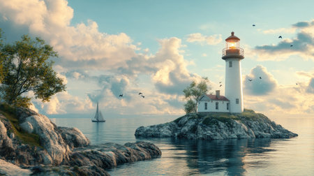 Historic lighthouse standing on a rocky coast, guiding ships safely through the waters.の素材