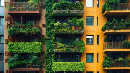 High-rise residential buildings with balconies and green spaces, symbolizing urban living.の素材