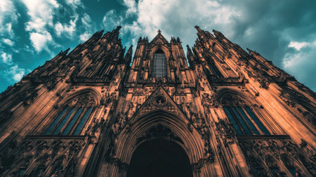 Historic cathedral with intricate stone carvings and towering spires against a cloudy sky.の素材