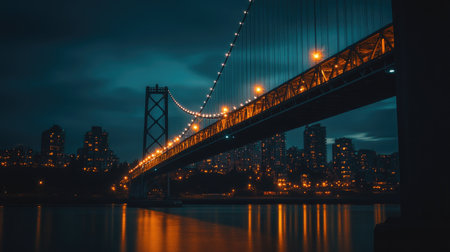 Iconic suspension bridge at twilight, illuminated with vibrant city lights in the background.の素材