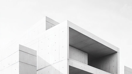 Minimalist architecture of a white concrete building with sharp lines and geometric shapes.の素材