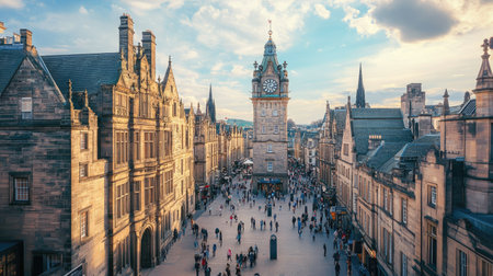 Iconic clock tower overlooking a bustling city square, a blend of history and modernity.の素材