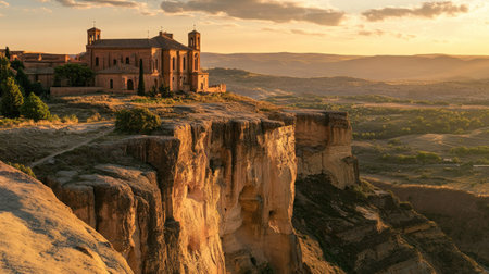Historic monastery perched on a cliff, overlooking a vast landscape below.の素材