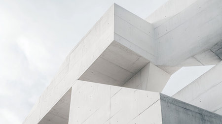 Minimalist architecture of a white concrete building with sharp lines and geometric shapes.の素材