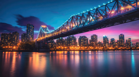 Iconic suspension bridge at twilight, illuminated with vibrant city lights in the background.の素材
