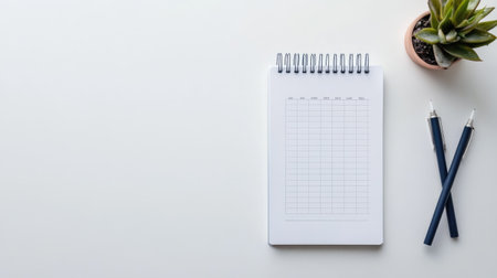 Minimalist desk setup with a calendar, pen holder, and blank notepad, waiting for a business plan to be written.の素材