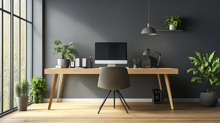 Minimalist office setup with a clean desk, ergonomic chair, and no one around, symbolizing a peaceful work environmentの素材