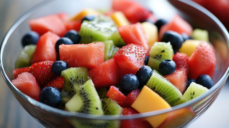 Mixed fruit salad in a glass bowl, including watermelon, kiwi, strawberries, and blueberries.の素材