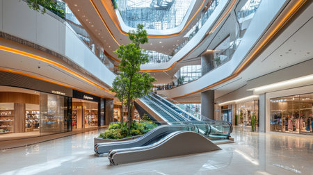 Interior of a contemporary shopping mall with open spaces, natural light, and modern decor.の素材
