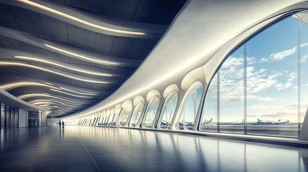 Modern airport terminal with sweeping curves and state-of-the-art architecture.の素材