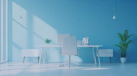 Minimalist office environment with clean desks and modern chairs, no one around, symbolizing a professional business setting.の素材