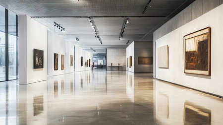 Interior of a modern art gallery with open spaces and contemporary exhibits.の素材