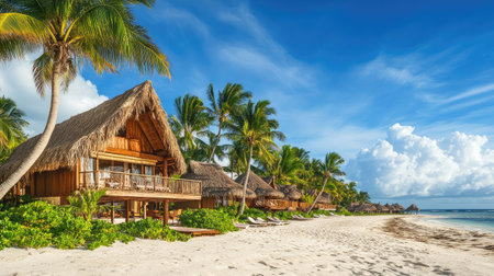 Luxury beachside resort with thatched-roof bungalows and palm trees swaying in the breeze.の素材