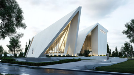 Modern church with minimalist design and a unique geometric shape.の素材