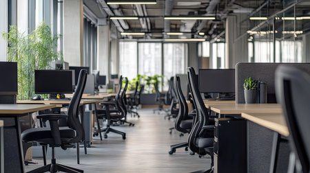 Modern office space with clean desks and ergonomic chairs, ready for a productive workday, no people around.の素材