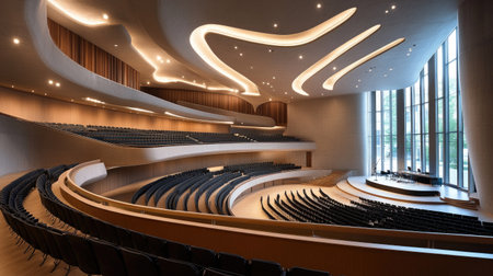 Modern concert hall with sweeping curves and bold architectural lines.の素材