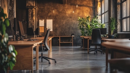 Modern office space with ergonomic chairs and minimalist desks, capturing the essence of a productive yet calm environment. Perfect for workplace imagery.の素材