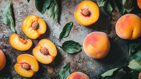 Freshly picked peaches with a vibrant orange hue, some sliced and some whole, on a rustic background.の素材