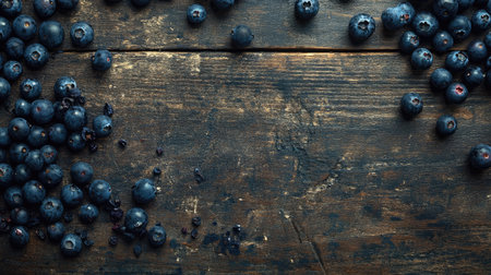 Fresh blueberries scattered on a wooden surface, some crushed to reveal their juicy insides.の素材
