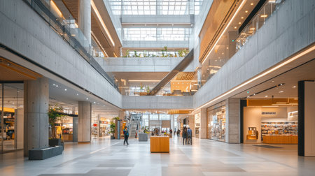 Interior of a contemporary shopping mall with open spaces, natural light, and modern decor.の素材