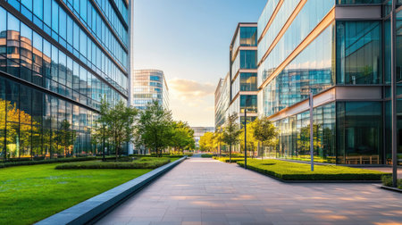 Sleek and modern business park with glass buildings and landscaped pathways.の素材