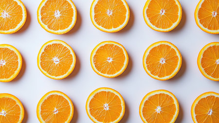 Sliced oranges arranged in a neat pattern on a white surface, showcasing their bright color and juicy texture.の素材