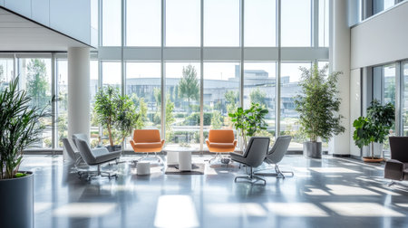 Open office space with modern furniture, large windows, and no people, symbolizing a quiet and focused work environment.の素材