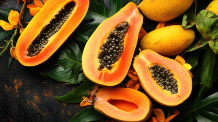 Ripe papayas with vibrant orange flesh, some halved and some whole, on a tropical background.の素材