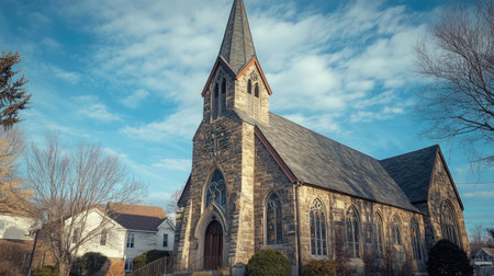 Old stone church with a tall spire and stained glass windows, a symbol of faith and history.の素材