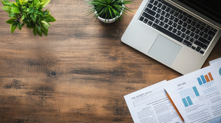 Top view of a desk with financial documents, a laptop, and a pen, symbolizing business planning and analysis.の素材