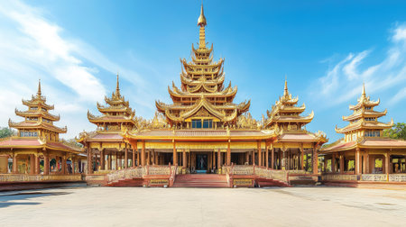 Traditional temple with intricate carvings and golden spires, a symbol of cultural heritage.の素材