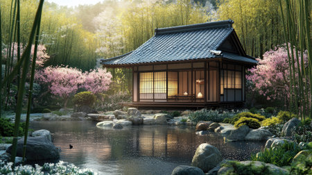 Traditional Japanese tea house in a serene garden setting, surrounded by bamboo and cherry blossoms.の素材