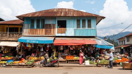 Traditional market building with colorful awnings and busy vendors.の素材