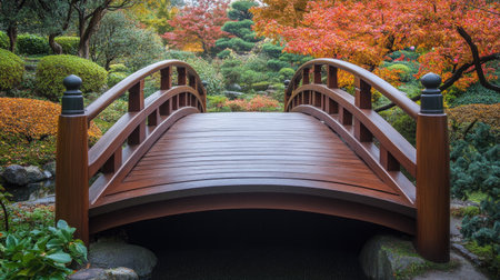Traditional wooden bridge in a Japanese garden, surrounded by autumn foliageの素材