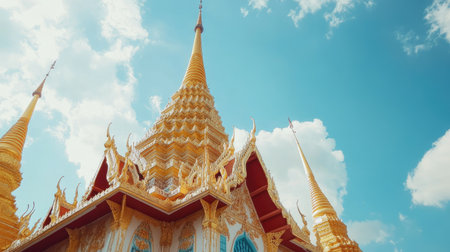 Traditional temple architecture with ornate details and golden spires under a blue sky.の素材