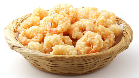 A vibrant bamboo basket filled with fresh, crispy tempura shrimp, showcasing an appetizing seafood dish perfect for any meal or gathering.の素材