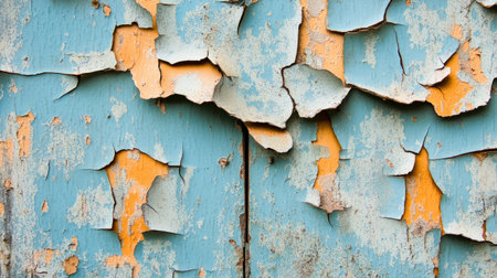 Close-up view of beautifully textured, peeling blue and orange paint on weathered wood. This image captures the intricate details and colors of decay.の素材