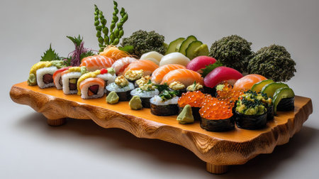 This beautifully arranged sushi platter showcases an array of vibrant sushi rolls, garnished with wasabi and fresh ingredients, perfect for any dining occasion.の素材