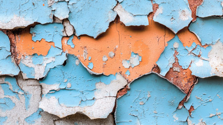 A close-up view of weathered paint showcasing captivating textures and colors. The blue and orange layers create an artistic and grunge aesthetic, ideal for creative projects.の素材
