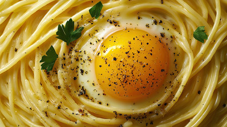 A mouthwatering plate of spaghetti carbonara featuring a perfectly cooked egg, garnished with fresh herbs, showcasing rich flavors and a creamy texture, perfect for culinary enthusiasts.の素材