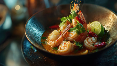 Experience a mouthwatering bowl of Tom Yum featuring succulent shrimp, fresh herbs, and a splash of lime, offering a burst of flavor in every spoonful.の素材