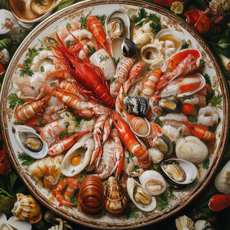 A stunning overhead view of a lavish seafood platter, showcasing a vibrant arrangement of fresh shrimp, lobster, and shellfish, perfect for gourmet dining.の素材