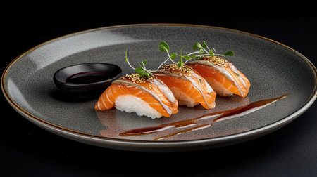A stunning close-up view of salmon nigiri sushi artfully arranged on a stylish plate with soy sauce, featuring a modern culinary presentation.の素材