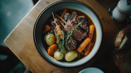 A comforting bowl of beef stew filled with tender beef, carrots, and potatoes. Perfect for a cozy meal, this dish embodies warmth and nourishment, showcasing savory flavors and fresh herbs. Enjoy it for dinner or during family gatherings.の素材