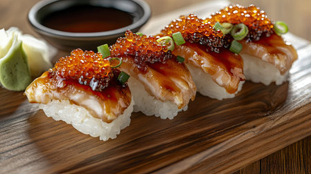 A stunning close-up shot of sushi nigiri topped with flavorful garnishes, served on a wooden plate. The dish showcases culinary artistry and fresh ingredients.の素材
