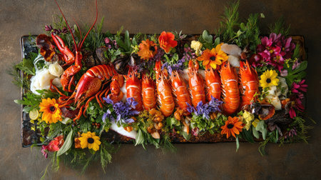 A stunning seafood platter featuring vibrant lobsters adorned with fresh flowers, perfect for a festive gathering or elegant dining experience.の素材