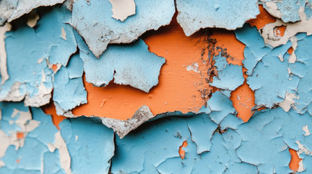 This close-up image showcases a weathered surface featuring vibrant blue and orange peeling paint, highlighting an intricate texture and unique character. Perfect for artistic projects.の素材