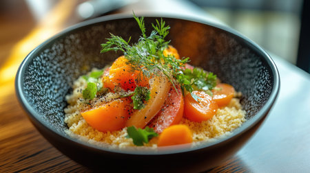 A vibrant couscous bowl featuring fresh vegetables and herbs, beautifully garnished for a healthy and delicious meal perfect for any occasion.の素材