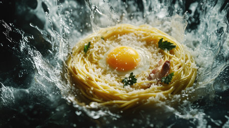 A stunning close-up of gourmet carbonara featuring a bright egg yolk, surrounded by a splash of sauce. Perfect for culinary art or food photography.の素材